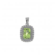 14K White Gold Cushion Peridot and Diamond Halo Semi Precious Pendant