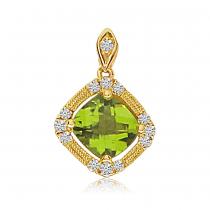 14K Yellow Gold 8mm Cushion Peridot and Diamond Semi Precious Beaded Pendant