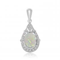 14K White Gold Oval Opal and Diamond Pendant