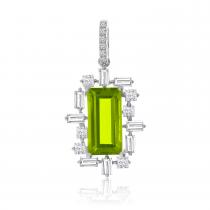 14K White Gold Peridot  Emerald Cut and Baguette Diamond Pendant