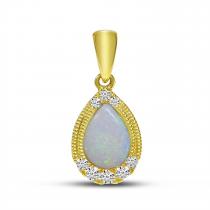 14K Yellow Gold Pear Cut Opal and Diamond Pendant