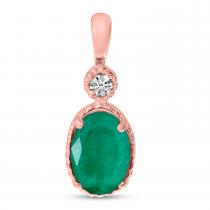 10K Rose Gold Oval Emerald and Diamond Millgrain Birthstone Pendant