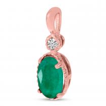 10K Rose Gold Oval Emerald and Diamond Millgrain Birthstone Pendant