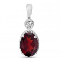 10K White Gold Oval Garnet and Diamond Millgrain Birthstone Pendant