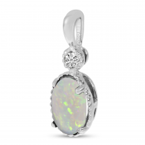 14K White Gold Oval Opal Millgrain Birthstone Pendant