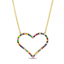 14K Yellow Gold Rainbow Sapphire Large Open Heart Necklace