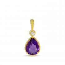 14K Yellow Gold Pear Amethyst With Diamond Millgrain Birthstone Pendant