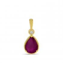 14K Yellow Gold Pear Ruby With Diamond Millgrain Birthstone Pendant