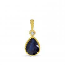 14K Yellow Gold Pear Sapphire With Diamond Millgrain Birthstone Pendant