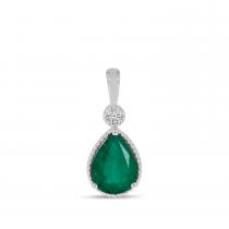 14K White Gold Pear Emerald With Diamond Millgrain Birthstone Pendant