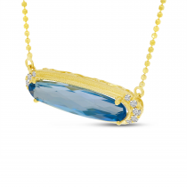 14K Yellow Gold Elongated Oval Blue Topaz East 2 West Necklace