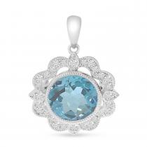 14K White Gold Round Aquamarine and Diamond Millgrain Pendant