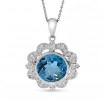 14K White Gold Round Blue Topaz and Diamond Millgrain Pendant