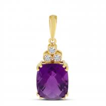 14K Yellow Gold Cushion Amethyst and Diamond Pendant