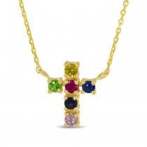 14k Yellow Gold Rainbow Sapphire Cross Necklace