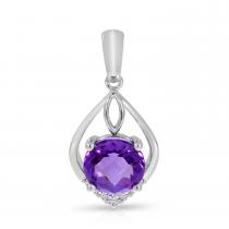 14K White Gold Round Amethyst and Diamond Pear Shape Pendant