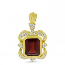 14K Yellow Gold Emerald Cut Garnet and Diamond Millgrain Pendant