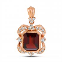 14K Rose Gold Emerald Cut Garnet and Diamond Millgrain Pendant