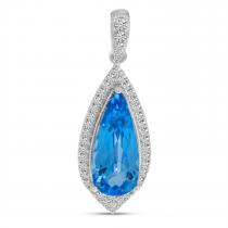 14K White Gold Pear Blue Topaz and Diamond Halo Pendant