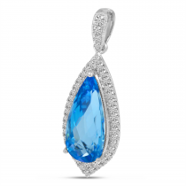 14K White Gold Pear Blue Topaz & Diamond Halo Pendant