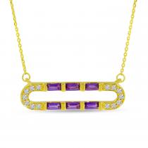 14K Yellow Gold Baguette Amethyst and Diamond Oval East to West 18 inch Necklace