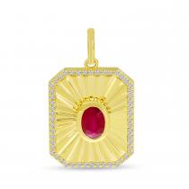 14K Yellow Gold Oval Ruby and Diamond Fluted Burst Pendant