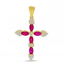 14K Yellow Gold Marquise Ruby and Diamond Cross Pendant