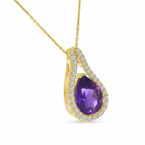 14K Yellow Gold Pear Cut Amethyst Diamond Halo Pendant