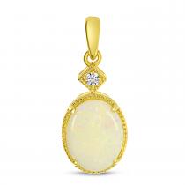 14K Yellow Gold Oval Opal Ring Pendant with Diamond Millgran Details