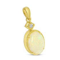 14K Yellow Gold Oval Opal Ring Pendant with Diamond Millgran Details