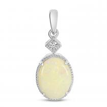 14K White Gold Oval Opal Ring Pendant with Diamond Millgran Details