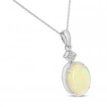 14K White Gold Oval Opal Ring Pendant with Diamond Millgran Details