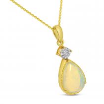 14K Yellow Gold Pear Opal Pendant with Diamond Millgran Details