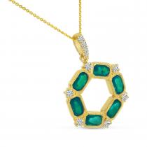 14K Yellow Gold Oval Emerald and Diamond Hexagon Circle Pendant