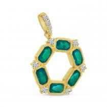 14K Yellow Gold Oval Emerald and Diamond Hexagon Circle Pendant