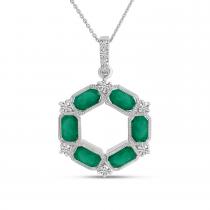 14K Yellow Gold Oval Emerald and Diamond Hexagon Circle Pendant