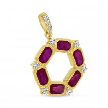 14K Yellow Gold Oval Ruby and Diamond Hexagon Circle Pendant