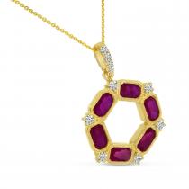 14K Yellow Gold Oval Ruby and Diamond Hexagon Circle Pendant