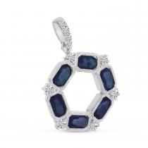 14K White Gold Oval Sapphire and Diamond Hexagon Circle Pendant