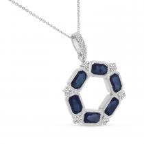 14K White Gold Oval Sapphire and Diamond Hexagon Circle Pendant