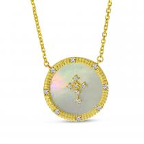 14K Yellow Gold Disc with Mother of Pearl and Diamond Cross Necklace