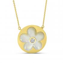 14K Yellow Gold Diamond and Mother of Pearl Floral Necklace