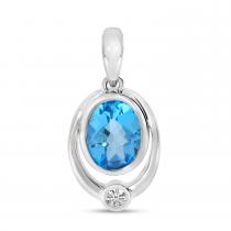 14K White Gold Oval Blue Topaz Double Bezel Pendant