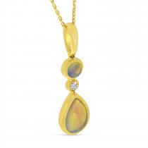 14K Yellow Gold Opal and Diamond Round & Pear Drop Pendant