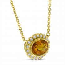 14K Yellow Gold Citrine with Diamond Halo Oval Necklace