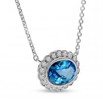 14K White Gold Blue Topaz with Diamond Halo Oval Necklace