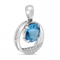 14K White Gold Blue Topaz and Diamond Circle Pendant