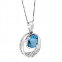 14K White Gold Blue Topaz and Diamond Circle Pendant