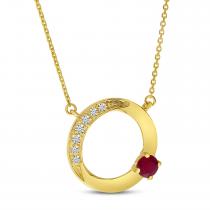 14K Yellow Gold Ruby and Diamond Open Circle Necklace