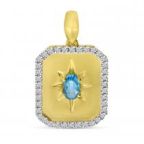 14K Yellow Gold Blue Topaz and Diamond Burst Medallion Pendant